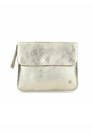 Metalen gouden leren pouch met textuur oppervlakte, flapsluiting, sterdetail aan de voorkant en een klein logo dat in de hoek is geperst.