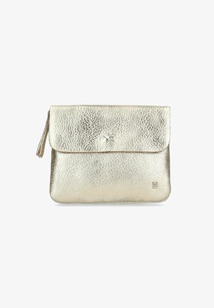 Metallic goldene Lederpouch mit strukturierten Oberflächen, Klappenverschluss, Sternenmotiv auf der Vorderseite und kleinem Logo in der Ecke geprägt.