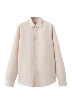 Bež bež majica z dolgimi rokavi, z gumbi in subtilnimi navpičnimi črtami ter z ostrim ovratnikom, prikazana na belem ozadju.