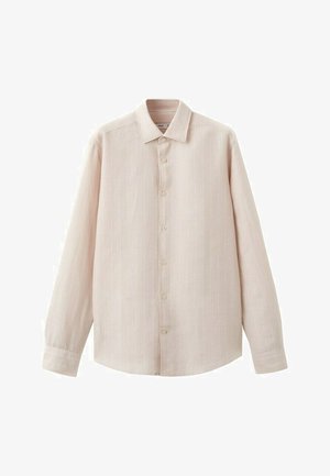 Bež bež majica z dolgimi rokavi, z gumbi in subtilnimi navpičnimi črtami ter z ostrim ovratnikom, prikazana na belem ozadju.