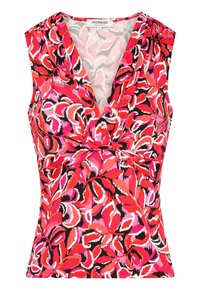 Top ajustado sin mangas con escote en forma de V, detalle frontal retorcido y patrón floral en tonos de rosa, rojo y negro en una tela ligera.