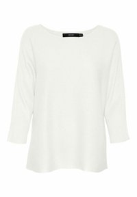 Weißer, locker sitzender Strickpullover mit rundem Halsausschnitt und dreiviertellangen Ärmeln. Die Textur weist ein dezentes Rippenmuster auf.