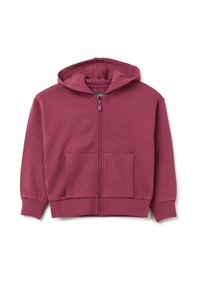 Felpa con zip di colore marrone scuro realizzata in tessuto morbido. Presenta un cappuccio, due tasche frontali e polsini e orlo a costine. Texture liscia, design casual.
