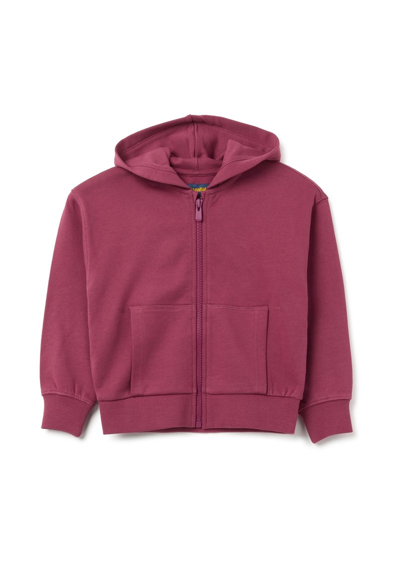 Felpa con zip di colore marrone scuro realizzata in tessuto morbido. Presenta un cappuccio, due tasche frontali e polsini e orlo a costine. Texture liscia, design casual.