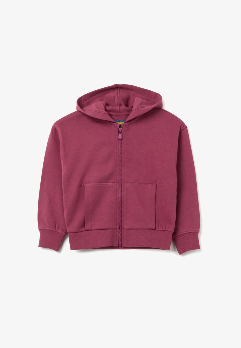 Sudadera con cremallera en color marrón, hecha de una tela suave. Cuenta con capucha, dos bolsillos frontales y puños y dobladillo acanalados. Textura suave, diseño casual.