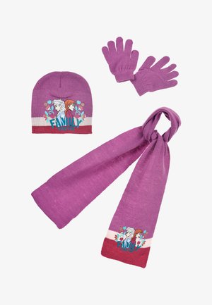 Knitted purple hat, scarf, and gloves set. Embellished with a graphic print of two characters and "FAMILY FOREVER" in blue.