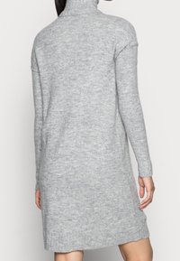 Robe-pull en tricot gris clair avec un col haut, des manches longues et un ourlet côtelé ; texture douce avec une légère variation de teinte.