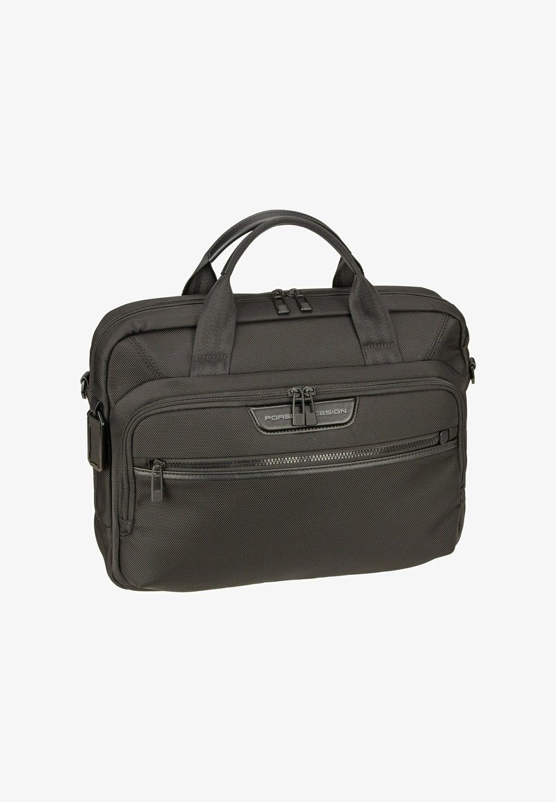Schwarze rechteckige Aktentasche mit zwei Griffen, mehreren Reißverschlussfächern und Porsche Design-Logo auf der Vorderseite.