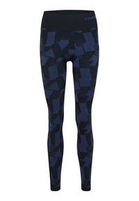 Navy leggings med geometriskt mönster i olika nyanser av blått, med en svart, elastisk midjeband. Snygg textur och åtsittande design.