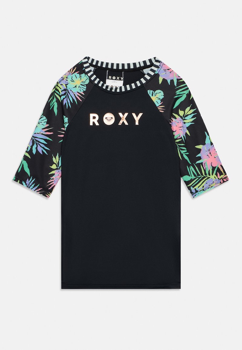 Rashguard noir à manches courtes avec des manches à motif floral, un col rayé et un logo métallique "ROXY" centré sur la poitrine.