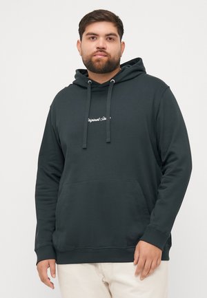 Dark green hoodie in soft fabric with a kangaroo pocket and drawstring hood. Features white embroidered text on the chest. Classic fit.