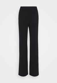 Sorte vide benbukser laget av et mykt, teksturert stoff med en glatt midjebånd og uten synlige lukkinger eller detaljer. Enkel og allsidig design.