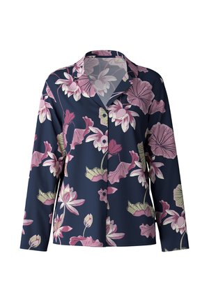 Langsleeve blouse van marineblauwe stof met grote roze en groene bloemenprints, een kraag en een knoopsluiting aan de voorkant.