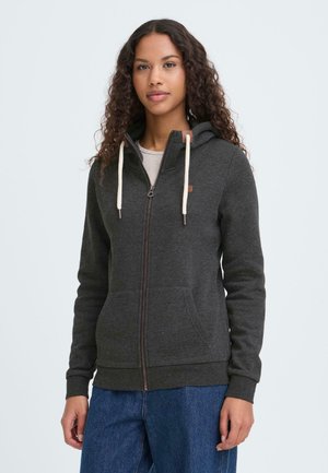 Donkergrijze hoodie met ritssluiting gemaakt van zacht stof, voorzien van een capuchon, crèmekleurige trekkoorden en zijzakken. Getailleerd ontwerp met geribbelde manchetten.