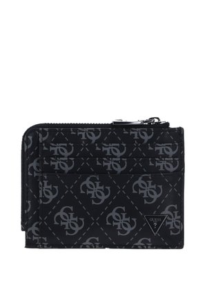 Portefeuille noir avec un motif matelassé et un logo gris. Matériau en simili cuir lisse, comprend des fentes pour cartes et une poche zippée.