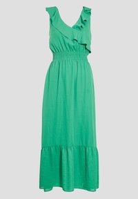 Robe longue verte avec encolure à volants, taille smockée et ourlet à volants. Confectionnée en tissu léger pour plus de confort.
