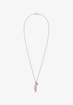 Collana in oro rosa con una catena delicata, caratterizzata da un ciondolo a forma di piuma e un piccolo dettaglio rotondo vicino alla chiusura.