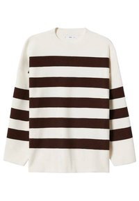Pull crème avec des rayures horizontales marron, fabriqué en matériau doux. Il présente un col rond et des manches longues larges.