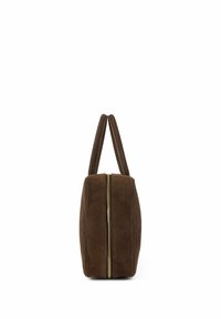 Brown suede bag with a rectangular shape, featuring a central gold zipper and two short handles on top. Smooth texture and minimal design.