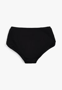 Schwarze hochtaillierte Bikinihose aus glattem Stoff, mit genähten Kanten und einem Design mit vollem Schutz. Keine Muster oder Akzente.
