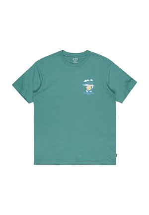 Cotton short-sleeve t-shirt in teal, featuring a graphic print on the left chest with clouds and a sun, text reads "NO BAD DAYS."