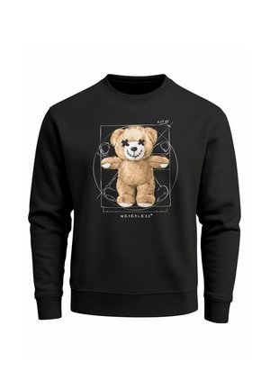 Black sweatshirt featuring a graphic of a stitched teddy bear with X-ed eyes, surrounded by geometric design elements.