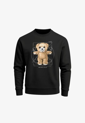Black sweatshirt featuring a graphic of a stitched teddy bear with X-ed eyes, surrounded by geometric design elements.