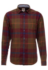 Camicia a quadri per uomo in rosso scuro, verde e blu. Presenta maniche lunghe, colletto e una tasca sul petto con bottoni a contrasto.