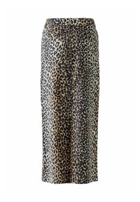 Bleistiftrock im Leopardenmuster in Beige und Schwarz, mit einer mittelhohen Taille, zwei Gesäßtaschen und einer figurbetonten Silhouette. Glatte Stofftextur.