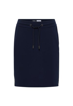 Marineblauwe casual rok met trekkoord in de taille, rechte snit en subtiele details aan de zijkant.