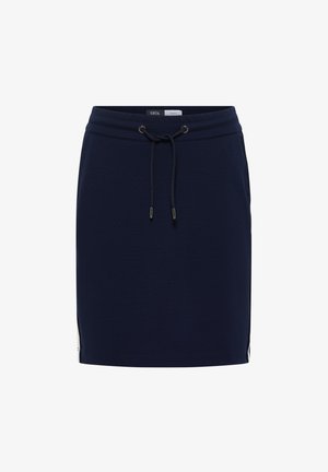 Marineblauwe casual rok met trekkoord in de taille, rechte snit en subtiele details aan de zijkant.