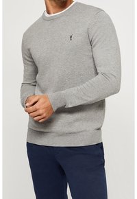 Pull gris en tissu doux avec manches longues, col rond, poignets et ourlet côtelés. Petit logo noir sur la poitrine.