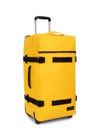 Borsa a duffel gialla con forma rettangolare, stoffa resistente, cinghie e dettagli neri, manico retrattile e ruote robuste.