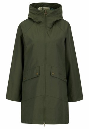Olijfgroene jas met een rits aan de voorkant, capuchon en twee grote klepzakken. Heeft een gladde textuur en een recht gesneden ontwerp.