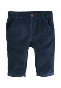 Laadukkaat laivaston siniset corduroy-shortsit, joissa on joustava vyötärö, etutaskut ja käänteet. Mukana ruskea nappisulku.