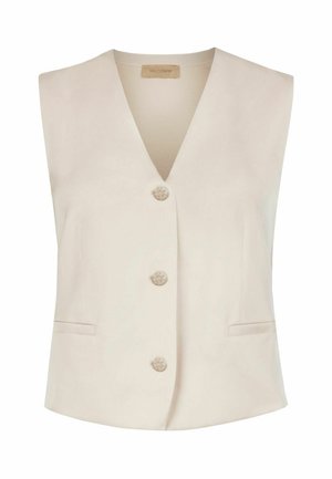 Ärmellose beige Weste mit V-Ausschnitt, drei vorderen Knöpfen und zwei horizontalen Schlitztaschen, Innen im Kragen mit dem Etikett Falconeri.