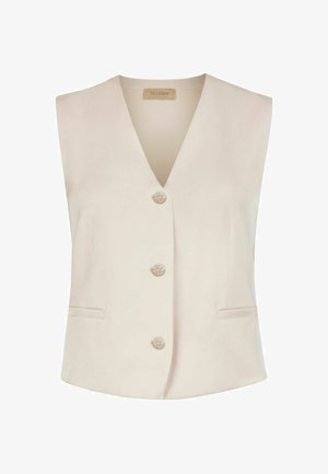 Ærmeløs beige vest med V-udskæring, tre knapper foran og to vandrette skrålommer, mærket Falconeri indeni kraven.