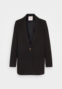 Blazer noir en tissu texturé, avec un col à revers cranté, un bouton en bronze unique et deux poches avant. Design classique et ajusté.