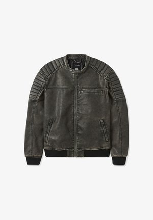 Giubbotto bomber in pelle nera con dettagli a coste sulle spalle, tasche con zip e vita aderente. Finitura texturizzata con cuciture a vista.