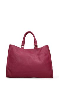 Sac fourre-tout en cuir bordeaux avec deux poignées, une texture douce, un design spacieux et des accents en métal doré sur les attaches des poignées.
