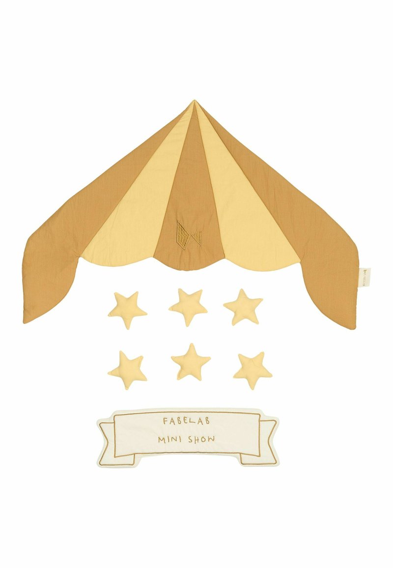 Brown and beige fabric tent with pointed top, featuring a stitched logo, accompanied by six yellow star shapes and a decorative banner.