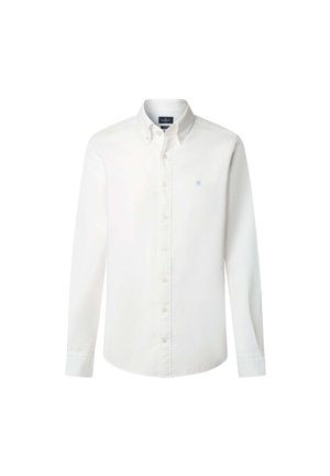 Chemise blanche à manches longues en coton. Dotée d'un col classique, d'une fermeture à boutons et d'un logo brodé bleu clair sur la poitrine.