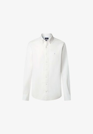 Weißes Langarm-Hemd mit Knöpfen aus Baumwolle. Verfügt über einen klassischen Kragen, eine durchgehende Knopfleiste und ein hellblaues, gesticktes Logo auf der Brust.