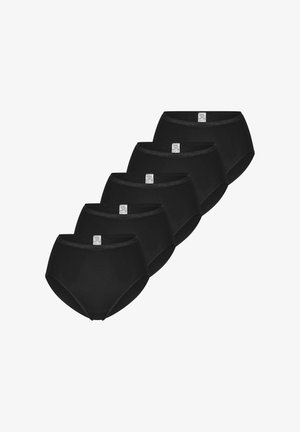 Cinq paires de culottes noires taille haute pour femmes disposées en escalier, en chevauchement avec étiquettes de marque visibles.
