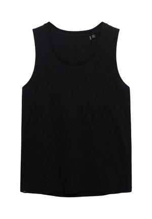 Sort ærmeløs tanktop med rund halsudskæring, lille logo på venstre bryst og stofmærke indeni kraven.