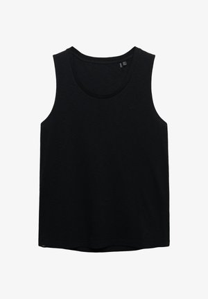 Czarny bezrękawnik z okrągłym dekoltem, małym logo na lewej piersi oraz metką z tkaniny wewnątrz kołnierza.