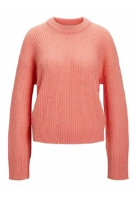 Pull tricoté rose avec une texture côtelée, col rond et épaules tombantes. Le design comprend des manches longues et une longueur raccourcie.