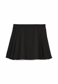 Jupe mini plissée noire en tissu lisse avec une large ceinture, présentant des plis uniformément espacés le long de l'ourlet.