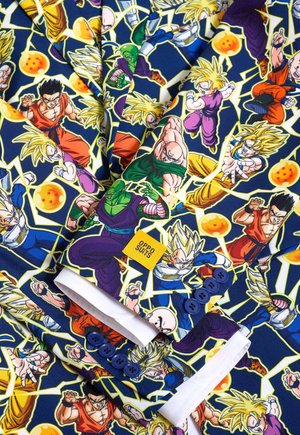 Patterned suit featuring vibrant Dragon Ball characters on a navy background, with yellow accents, blue buttons, and a tag displaying "Oppo Suits."