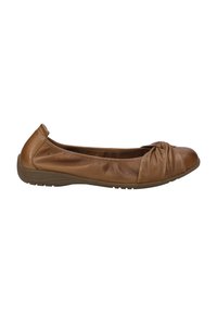 Ballerines en cuir marron avec un détail plissé au niveau des orteils, texture douce, forme arrondie et semelle en caoutchouc flexible pour le confort.